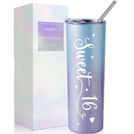 Onebttl Sweet 16 Gifts for Girls, Female, Her - Sweet Sixteen - 20oz/590ml Stainless Steel Insulated Tumbler with Straw, Lid, Message Card - (Blue Purple)