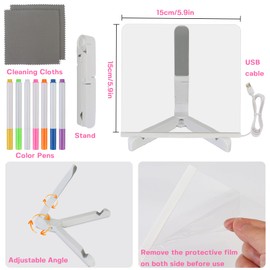 FWUNYVN Light Up Dry Erase Board with Stand, 5.9"x5.9" Acrylic Drawing Board for Kids, LED Note Board with 7 Colors Pens, Small Memo Board for Office Home School
