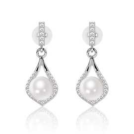 MIKOSTRA 6.5 Sterling Silver earrings for women Hypoallergenic Sterling Silver Round White Freshwater Cultured Pearls Sterling Silver Posts with Pearls & Zircon Gems Earrings Ideal Gifts with Gift Box