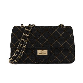 M-ioi-M Quilted Denim Crossbody Bag for Women, Classic Double Flap Shoulder Purse with Chain Strap, Retro Jean Tote Handbag, Trendy Designer Everyday Small Purse with Gold Hardware (Black, Small-10in)