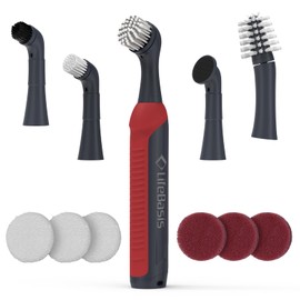 LifeBasis Rechargeable Power Scrubber, Cordless Electric Cleaning Brush, Water Resistant Small Electric Grout Brush with 5 Brushes for Home/Kitchen/Bathroom/Grout/Tile/Shower/Tub, Red