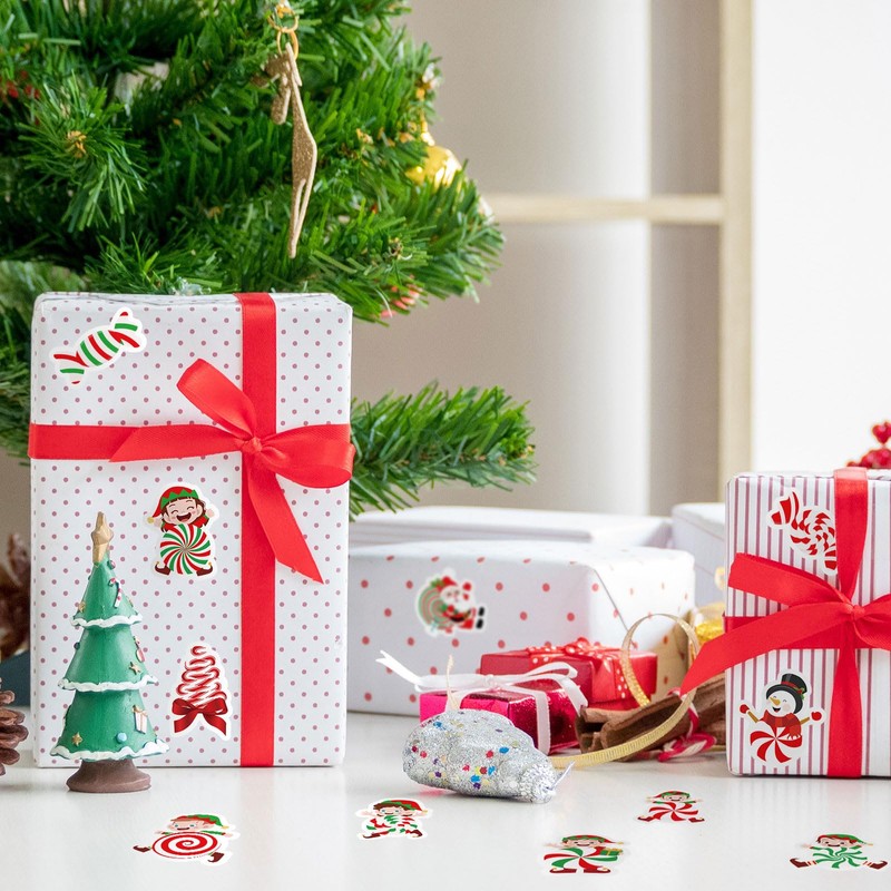 Whaline 1000Pcs Christmas Stickers Xmas Cartoon Elf Peppermint Self-Adhesive Sticker