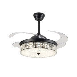 AngelcityCC 42 Inch Crystal Ceiling Fans with Lights, Modern Dimmable Fandelier LED Remote Control Retractable Invisible Blades Indoor Ceiling Light Kits with Fans for Living Room Bedroom