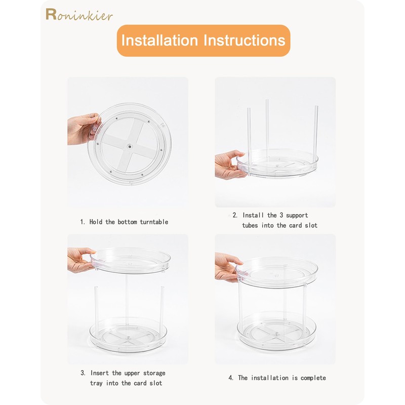 Roninkier 2-Tier Clear Lazy-Susan Turntable – 11-Inch Pantry Spice-Rack Cabinet-Organizer