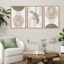 HPINUB Sage Green Boho Framed Canvas Wall Art Set, Minimalist Beige Green Botanical Wall Decor, Abstract Geometric Line Leaf Canvas Painting for Living Room, Bedroom, Dining Room, Office Decor-24"x36"x3