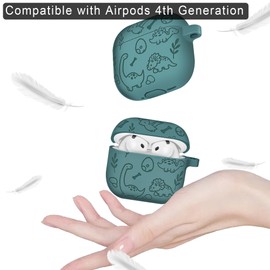 Silicone Cover for AirPods 4 Case Engraved - Cute Dino Animal Engraved Protective Case Skin for AirPods 4th Generation Case with Magnetic Lanyard, Adjustable Wrist Strap 5 in1 Set Gen 4th Case - Green