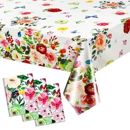 3 Pieces Floral Tablecloths, Colorful Flower Plastic Table Cloth Butterfly Rose Tablecovers for Summer Birthday Wedding Mothers Day Tea Party Decorations