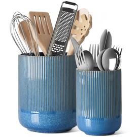 LE TAUCI Utensil Holder, 7.3"+5.4" Ceramic Kitchen Utensil Holder for Countertop, Large Cooking Utensil Crocks Gift for Mother's Day, Costal Ocean Home Kitchen Decor, Set of 2,Glaze Marble Blue
