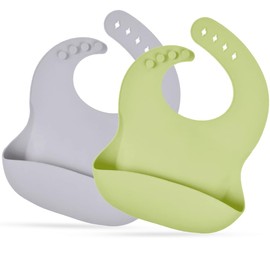 uunida baby Baberos para Bebe Impermeable Ajustable Pack de 2 - Baberos de Silicona para Bebe - Babero Silicon Bebe Niño y Niña fácil de limpiar con bolsillo recolector ((2pcs) Gris + Verde)