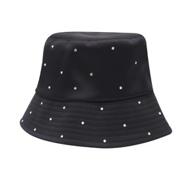 Women Bling Bucket Hat Silky Satin Shiny Rhinestone Bucket Sun Hat Packable Summer Outdoor Fishing Caps for Travel Beach Black