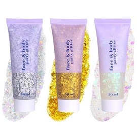 Sularpek 3Pcs Face Glitter Gel, 50ml Hair Glitter, Body Glitter, Sequins Shimmer Liquid Eyeshadow, Mermaid Sequins Glitter for Face Body Eye Hair Festival Party Makeup Decoration