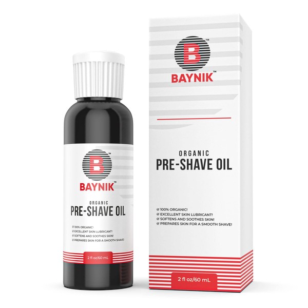 Baynik ORGANIC Beard and Pre-Shave Oil - unscented rich blend of 100% natural oils; excellently lubricates, nourishes, and conditions skin. Helps razor glide smoothly preventing nicks and cuts. Works great on normal and sensitive skin. 2 Fl Oz.