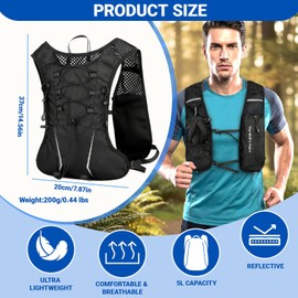 Running Vest Hydration Backpack Men Women, Lightweight Breathable Reflective Strips 5L Hydration Pack for Outdoor Climbing Hiking Cycling TrailRunning Marathon