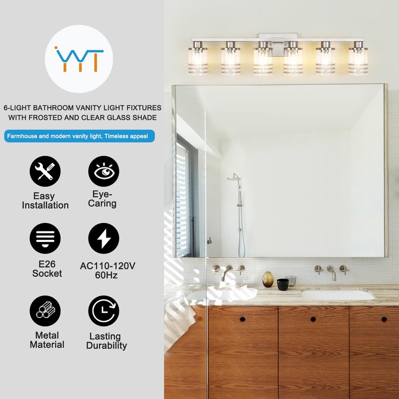 YYT 6-Light Bathroom Vanity Light Brushed Nicekl 6 Light Vanity