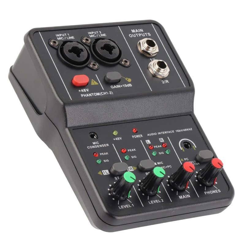 2 Channels Audio Mixer USB 48V Phantom Power Compact Sound