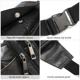 Fanny Pack for Men and Women, Leather Sling Waist Bag for Hiking Running Travel - Durable Cowhide Leather Black