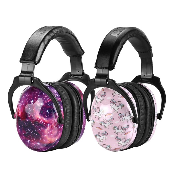 ZOHAN Kids Ear Protection 2 Pack, Hearing Protection Safety Ear Muffs for Children Have Sensory Issues, Adjustable Noise Reduction Earmuffs for Concerts, Fireworks, Air Shows (Nebula&Unicorn)