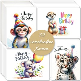 E&G Klasse 32 Birthday Card Greeting Cards Postcards Set with 32 Different Birthday Cards High-Quality Cute Animals with Happy Birthday Postcard Printed for Birthday