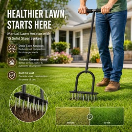 Manual Lawn Aerator for Soil Care – 15-Spike Adjustable Yard Tool with Wide Foot Plate & Padded T-Handle