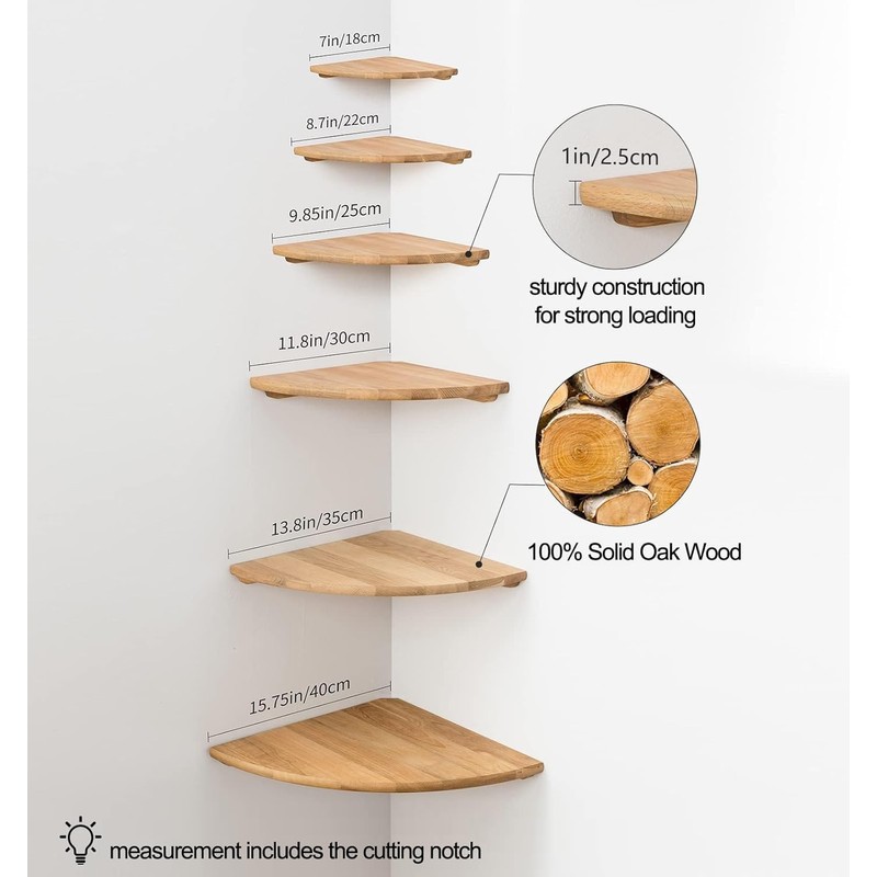 Conamily Corner Shelf, Solid Oak Wood Floating Corner Shelf Wall