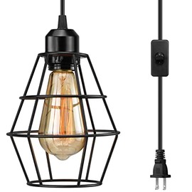 Industrial Plug in Pendant Light, Black Farmhouse Cage Pendant Light Fixture with On/Off Switch, Vintage Hanging Lights with Plug in Cord, E26 Pendant Lighting for Kitchen Living Room Dining Room