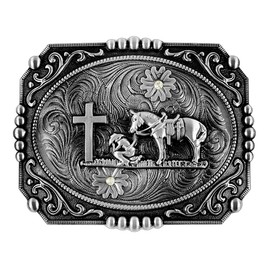 Moranse Religion Cross Cowboy And Horse Design Belt Buckles (Square Silver)