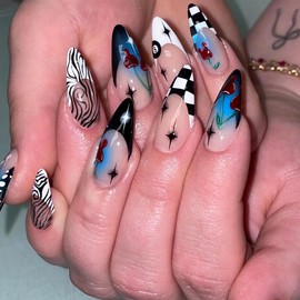 MERVF Press on Nails Medium Almond, Black French Tip Fake Nails, Y2K Checkered Glue ons Acrylic Nail Star Cherry Desgin Manicure Glossy 24pcs