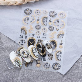 Gold Nail Art Stickers, Wave Line Chains Flame Stars Flowers Leaf Clocks Watches Nail Self-Adhesive Sticker Designs, 3D Gold Nail Transfer Decals for Women Manicure Charms Decorations Nail Art Tips