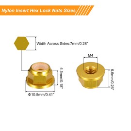 sourcing map Nylon Insert Hex Lock Nuts, 10pcs - M4 x 0.7mm Aluminum Alloy Self-Locking Nut, Anodizing Flange Lock Nut for Fasteners (Gold)
