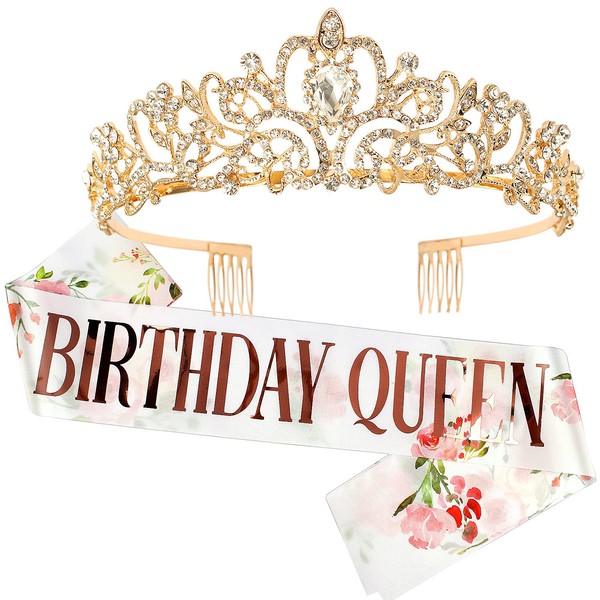 "Birthday Queen" Sash & Crystal Tiara Kit COCIDE Birthday Gold Tiara and Crowns for Women Sash for Girls Pink Birthday Decorations Set Rhinestone Headband Hair Accessories Glitter Sash for Party