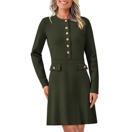 BTFBM Women Fall Dresses 2025 Casual Long Sleeve Bodycon Sweater Dress Decorative Button Formal Mini Dresses(Solid Army Green,Small)