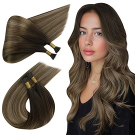 Ugeat Dark Brown I Tip Hair Extensions Real Human Hair for Wedding Golden Blonde Itip Human Hair Extensions Balayage Mix Golden Brown Natural Looking By Cold Fusion 50S 20 Inch