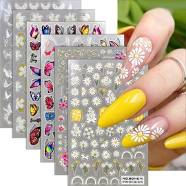 6 Sheets Flower Nail Art Stickers White Floral Nail Stickers 3D Self Adhesive Colorful Butterfly Nail Decals Colorful Flowers Daisy Nail Stickers Supplies for Women Nail DIY Nail Art Design Accessories Manicure Decoration