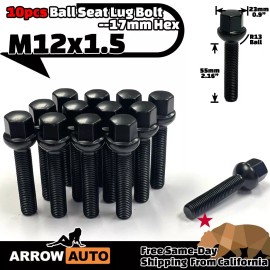 ARROW 10x Black M12x1.5 BallSeat Bolt 55mmShank Fit 12-17mm Spacer Mercedes StockWheel