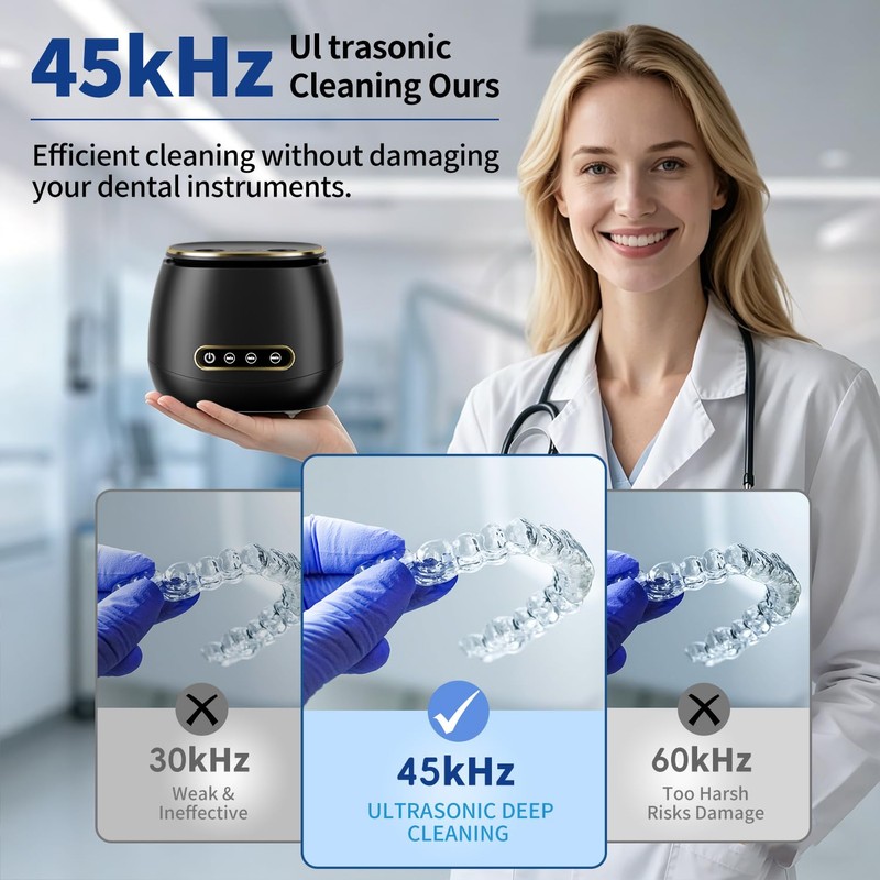 Rechargeable Ultrasonic Retainer Cleaner Machine, 45kHz Portable Cleaner for Dentures,