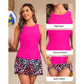 Daci Womens Tankini Swimsuits with Skirt - Two Piece Tummy Control Bathing Suits High Neck Swimwear, Hot Pink With Leopard, Large