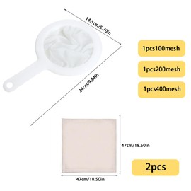 3 Pcs 100/200/400 Mesh Strainer with 2 47 * 47cm Filter Cloths, Nylon Strainer, Food Sieve, Household Fine Mesh Strainer for Filtering Coffee, Tea, Juice, Wine, Milk
