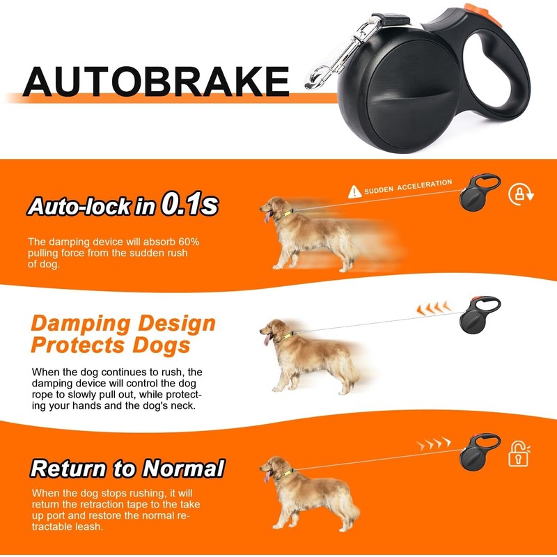 Heavy-Duty Retractable Dog Leash 16-Foot - Auto-Brake & 360° Tangle-Free