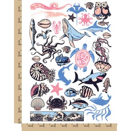 Fish Whales Ocean Sea Marine Life Temporary Tattoo Water Resistant Fake Body Art Set Collection - Color (One Sheet)