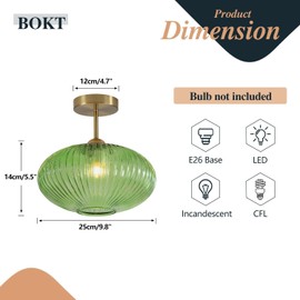 BOKT Modern Ceiling Light Green Glass Pendant Light Stairway Mid Century Close to Ceiling Light Gold Semi Flush Mount Ceilings Light Fixture for Island Kitchen Dining Room Hallway 9.8"