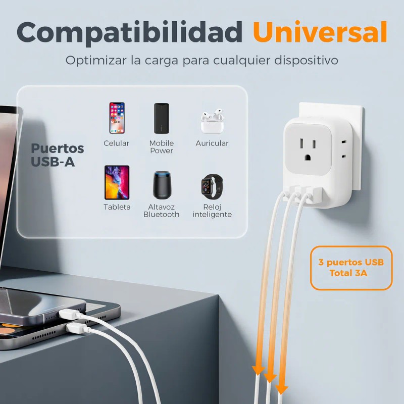 Adaptador Enchufe Europeo Tessn 4 Tomas 2 Pines y 3
