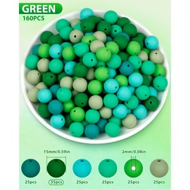 160PCS FIVEIZERO Silicone Beads, 15mm Mix Color for Keychain Making, Rubber Beads for DIY Crafts, Bracelets, and Necklaces - Silicone Beads Bulk, Round Silicone Beads for Pens(Green)