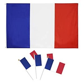 1 piece of French flag, 1 piece of French flag with two metal holes and 3 pieces of 14X21cm small French flag with pole (hand-waving flag), suitable for many places