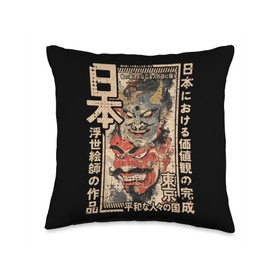 Noh Masks Traditional Japanese Woodblock Ukiyo-e Anime Throw Pillow