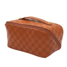 Generic Cosmetic Bag Simple Storage Large-capacity PortableTravel Makeup Bag Check Waterproof Cosmetics Finishing Bag Leather Makeup Bags (brown)