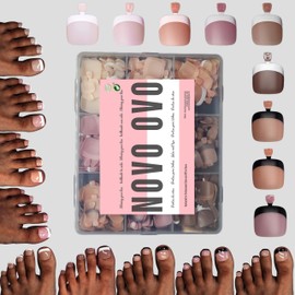NOVO OVO Toe Nail French Tip Press on Combo, Mixed 9 Color Soft Gel Acrylic Fake toenail Extension kit, Medium Pre-applied Tip Primer & Base Coat, Full Cover Matte False Nils DIY x 15 Sizes 270 Pcs