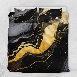 Gearider 3 Pieces Black & Gold Marble Duvet Cover Set, Fluid Art Soft Comforter Cover Set for King Size for Men Women with Zipper Closure