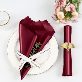 Homiest Burgundy Satin Napkins - 24 Pack, 17x17 Inches, Scalloped Square, Elegant Wedding & Party Napkins