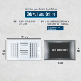 Fits 14x8 Duct Opening 3 Way Fixed Curved Blade Air Supply Diffuser by Handua | Register Vent Cover Grill for Sidewall and Ceiling | White | Outer Dimensions: 15.75" X 9.75"