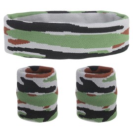 sourcing map Sweat Band Set Sports Terry Cloth Headband Wristband Set 8"x2" Moisture Wicking Sweat Absorbing Head Band for Women Men Workout Exercise (Striped Camouflage Green/Gray)